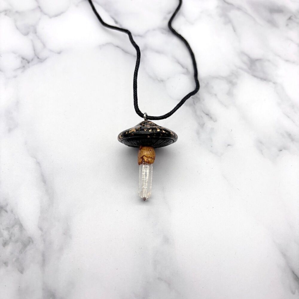 Black Mushroom Necklace with Quartz Crystal | Gold Leaf Polymer Clay Pendant - Picture 3 of 10